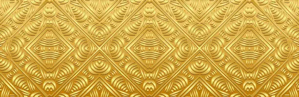 Vector illustration of Banner, tribal luxury cover design. Relief geometric gold 3D pattern on a gold background, metallic. Vintage artistic art, ethnicity of the East, Asia, India, Mexico, Aztec.
