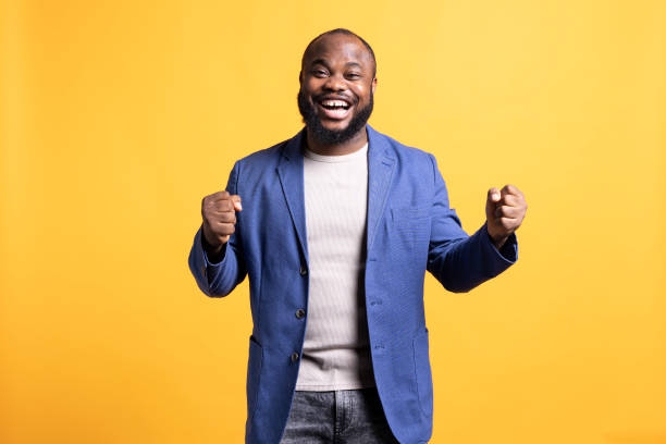 istock Delighted person thrilled by achievement, studio background 2104586482