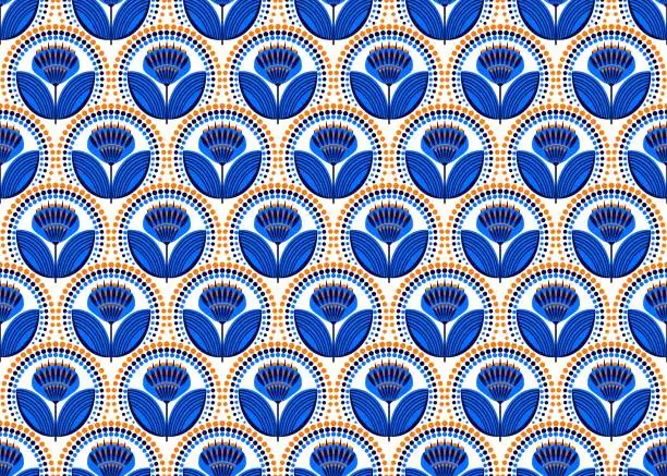 Vector illustration of seamless pattern with blue flowers