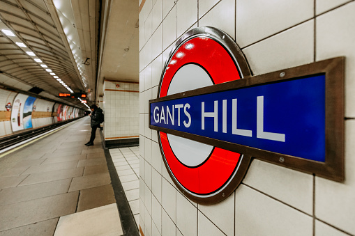 London, UK - 20 March, 2024: interior architecture of Gants Hill underground station in London, UK. The station was designed by architect Charles Holden in the 1930s and was inspired by stations found on the Moscow metro.