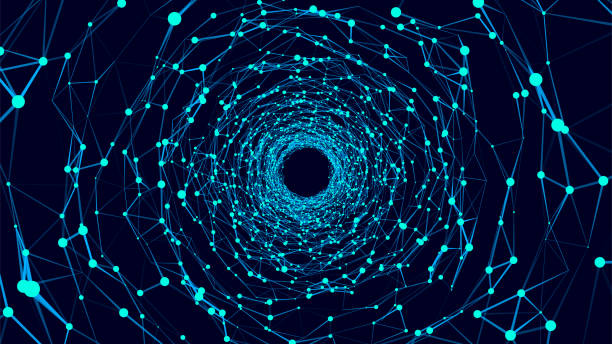 istock Abstract 3d portal. Circle tunnel or wormhole. Digital background with connected blue dots and lines. Vector illustration. 2104592367
