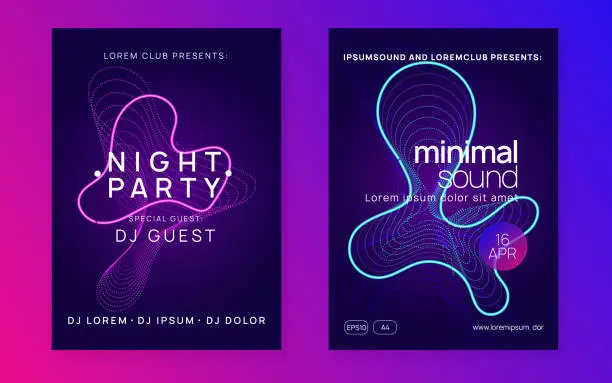 Vector illustration of Neon club flyer. Electro dance music. Trance party dj. Electronic sound fest. Techno event poster.