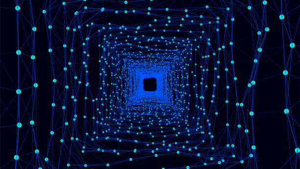 istock Abstract 3d portal. Square tunnel or wormhole. Digital background with connected blue dots and lines. Vector illustration. 2104596769
