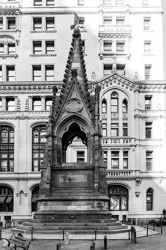 Soldiers monument in Trinity Church cemetery in the heart of the Wall Street Financial district of Manhattan.