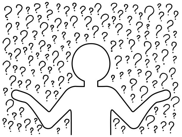 questions_man6 Confused Person silhouette thinking in a thoughtful pose on background of a pattern of hand-drawn question marks. Choice, problem solving concept. Vector people character illustration in line style problem predicting drawing stock illustrations