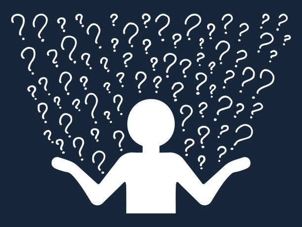 questions_man12 Confused Person silhouette thinking in a thoughtful pose on background of a pattern of hand-drawn question marks. Choice, problem solving concept. Vector people character illustration in line style question mark people one person silhouette stock illustrations