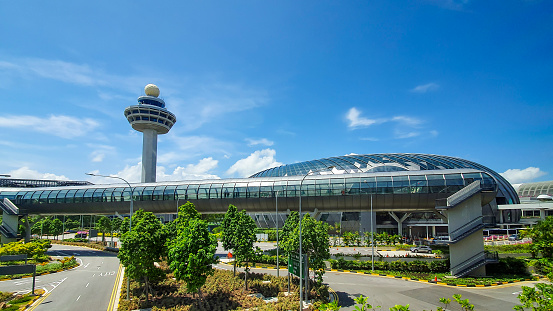 Changi, Singapore - ‎‎‎‎‎‎February 13, 2020 : Outside View Of Jewel Changi And Air Traffic Control Tower Of Changi Airport.