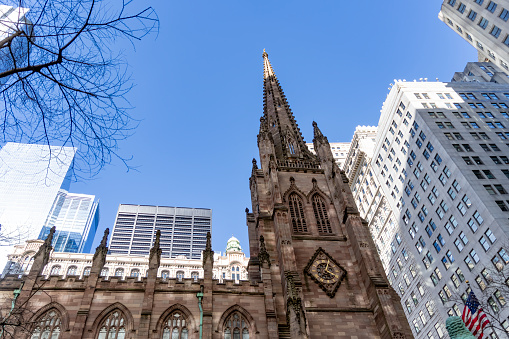 Trinity Church in the heart of the Wall Street Financial district of Manhattan.  In the cemetery is the tomb for Alexander Hamilton and a large statue of John Watts Jr.