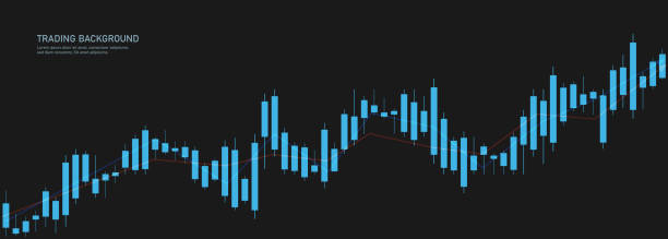 ein diagramm von finanzkerzen auf schwarzem hintergrund. charting-tools für trader. - currency exchange currency stock exchange trading stock-grafiken, -clipart, -cartoons und -symbole