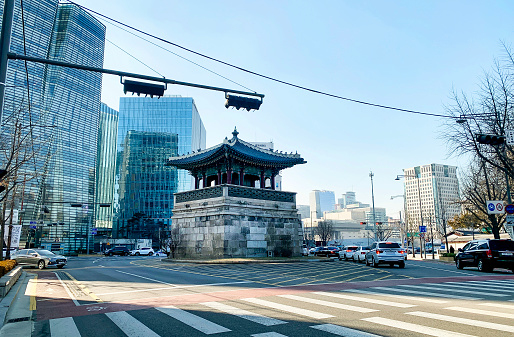 Seoul, South Korea - ‎‎‎January 17, 2019 : View Of Dongsipjagak Guard Tower And Buildings In Seoul City.