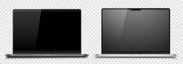 Vector illustration of Mock-ups of laptops in a metal case with black and gray screens.
