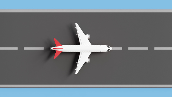 3D airplane on the runway. Passenger Commercial Airplane. Overhead view of the airplane on a take off line in airport. 3d illustration