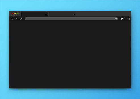 Browser window. Realistic black empty browser window with toolbar, search bar and shadow on a blue background. Vector illustration.