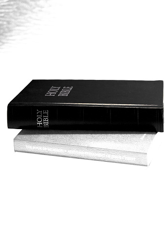A close view of the sacred book of the Mormons, showing the embossed golden title on a textured black cover, symbolizing spirituality and faith.