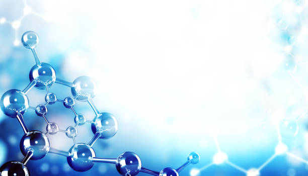 horizontal banner with model of abstract molecular structure. background of blue color with glass atom model. copy space for your text. 3d render - chimica foto e immagini stock
