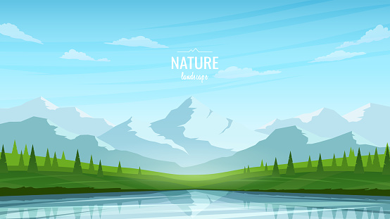 A beautiful summer landscape. Green meadows, hills, trees near a scenic lake. Mountains against the blue sky. A warm sunny day. Vector image.