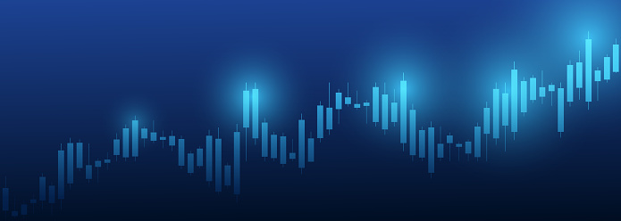 A chart of financial candlesticks on a blue background. Charting tools for traders. The market of cryptocurrency exchanges. Vector illustration.