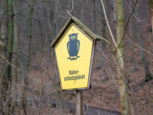 Naturschutzgebiet (nature reserve) sign in a Forest in Germany. Protection of the environment including trees, plants and animals in that specific area. Conservation of the ecology in the woodlands.