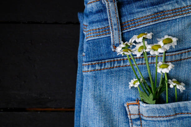 istock Flowers in jeans pocket on black background 2104687922