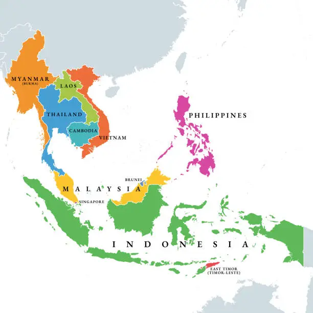 Vector illustration of Southeast Asia countries, a geographical region of Asia, political map