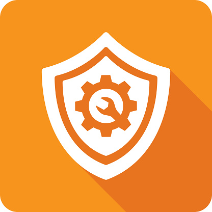 Vector illustration of a shield with wrench inside gear icon against an orange background in flat style.