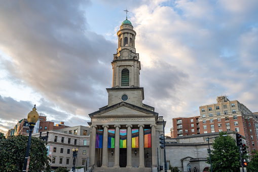 Washington D.C. - September 30 2023: The National City Christian Church in Washington D.C. with Pride Progress Flags