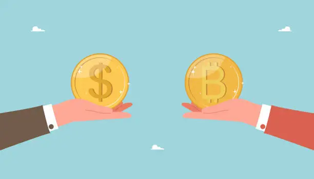 Vector illustration of Hands holding dollar coin and bitcoin