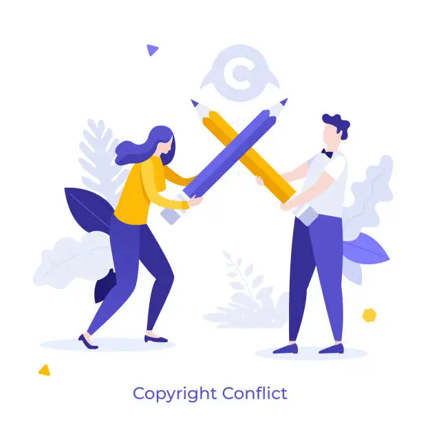 Vector illustration of Artists, authors or creators fighting using pencils as swords. Concept of copyright conflict, intellectual property dispute, creative battle. Modern flat colorful vector illustration for poster.