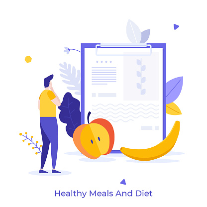 Man looking at nutrition plan written on tablet. Concept of dietary food, healthy meals for weight management or loss, low-calorie diet. Modern flat colorful vector illustration for poster, banner.