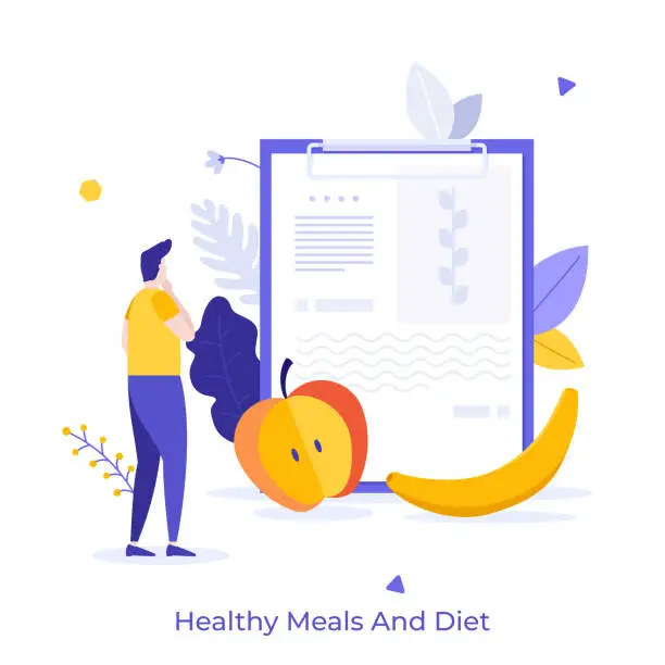 Vector illustration of Man looking at nutrition plan written on tablet. Concept of dietary food, healthy meals for weight management or loss, low-calorie diet. Modern flat colorful vector illustration for poster, banner.