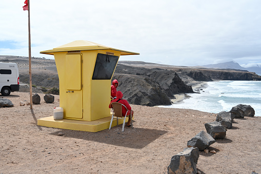 La Pared, Fuerteventura, Spain, February 23, 2024 - Lifeguard station above the Playa del Viejo Rey (La Pared), Fuerteventura, Canary Islands, Spain.