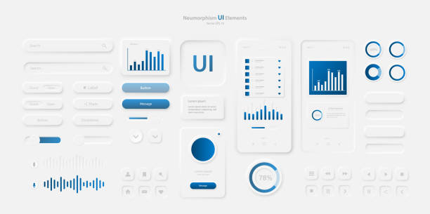 ilustrações de stock, clip art, desenhos animados e ícones de user interface elements for a mobile application in a light style. - botão peça de máquina