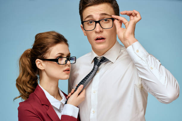 istock Business young couple officials office team office blue background 2104827609