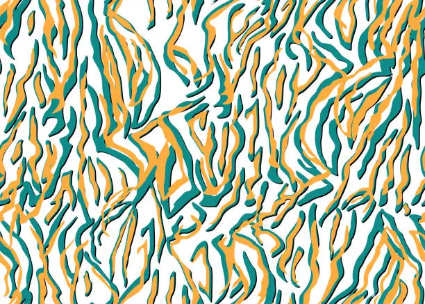 Vector illustration of Seamless tiger zebra stripes animal skin pattern. Orange teal white colors fabric print.