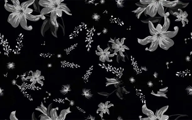 Vector illustration of Seamless lilium camomile floral pattern. Black white lily and daisy flowers leaves vector