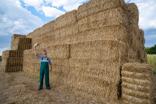 Cheerful white-bearded farmer in front of straw bales in an agricultural field. He is wearing green overalls and a checkered shirt. He has a knitted straw hat on his head. He looks petite against the pile of bales.