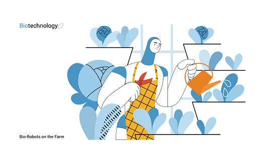 Bio Technology, Robot on farm -modern flat vector concept illustration of bio-robot engaged in agricultural activities. Metaphor of robotics and biotechnology integration, efficiency, sustainability