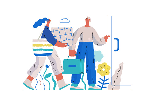 Mutual Support: Door Holding - modern flat vector concept illustration of woman carrying heavy box and man holding door for her. A metaphor of voluntary, collaborative exchanges of resource, services