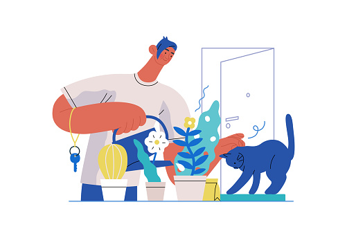 Mutual Support: Look after neighbor's house -modern flat vector concept illustration of man watering plants, looking after neighbors' cat A metaphor of voluntary, collaborative exchanges of services
