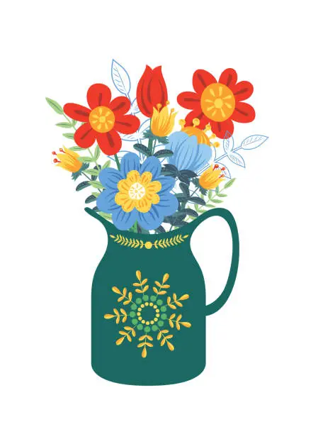 Vector illustration of Cute Folk Art Flower Bouquet In A Jug On A Transparent Background