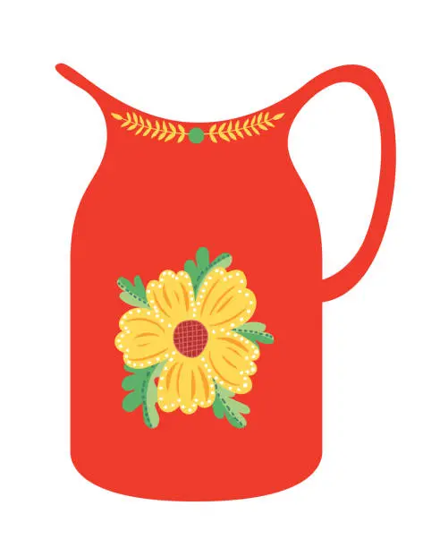 Vector illustration of Cute Folk Art Decorated Water Jug On A Transparent Background