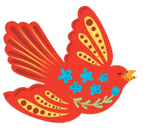 Vector illustration of Cute Folk Art Bird With flowers On A Transparent Background