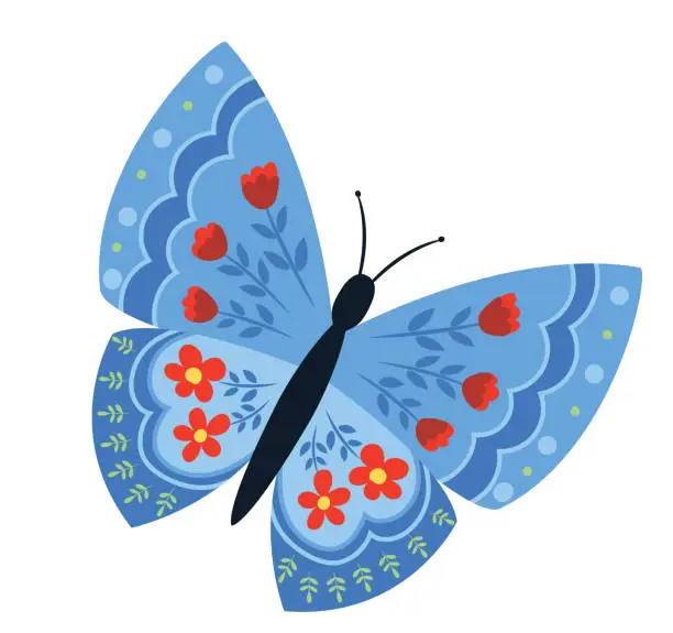 Vector illustration of Cute Folk Art Butterfly With Flowers On A Transparent Background