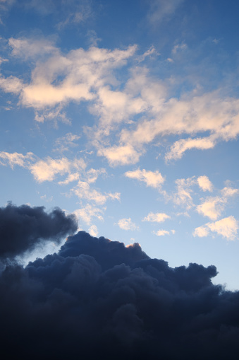 Aesthetically pleasing neutral photograph. Vertical photograph of blue clouds in overcast weather at sunset. Smoke.