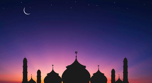 istock Silhouette Mosque Domes and Crescent Moon with Stars on night sky background in Iftar period during Ramadan Holy month, illustration 2104855580