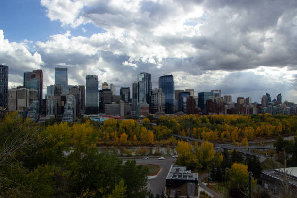 Beautiful view of the tall buildings and trees in autumn in Calgary, Canada.