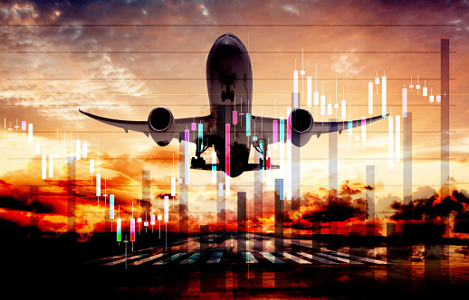 Passenger plane ready for landing or taking off with growth graph