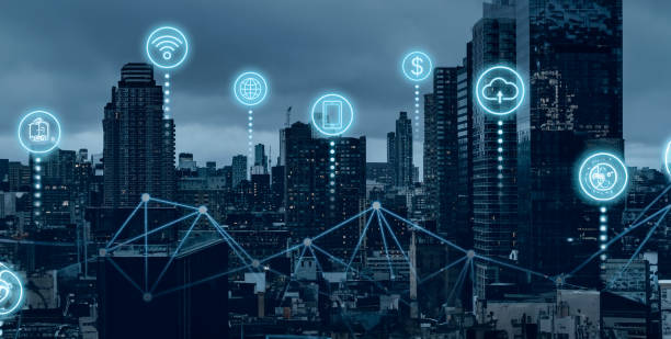istock Futuristic smart city with connected connectivity technology 2104891588