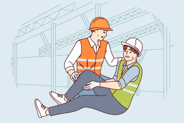 Vector illustration of Construction worker helps colleague broke leg and was injured at work due to safety violation