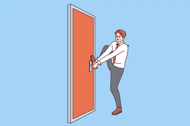 Vector illustration of Persistent businessman is trying to open locked door, without giving up and striving to achieve goal